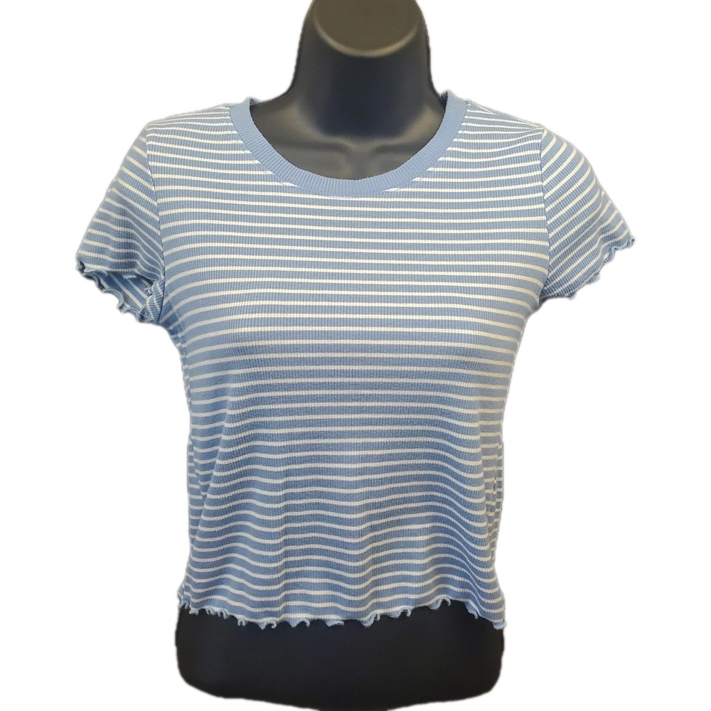 Heart & Hips Baby Blue & White Striped Crop Top Wavy Hem Juniors M, Y2K Retro